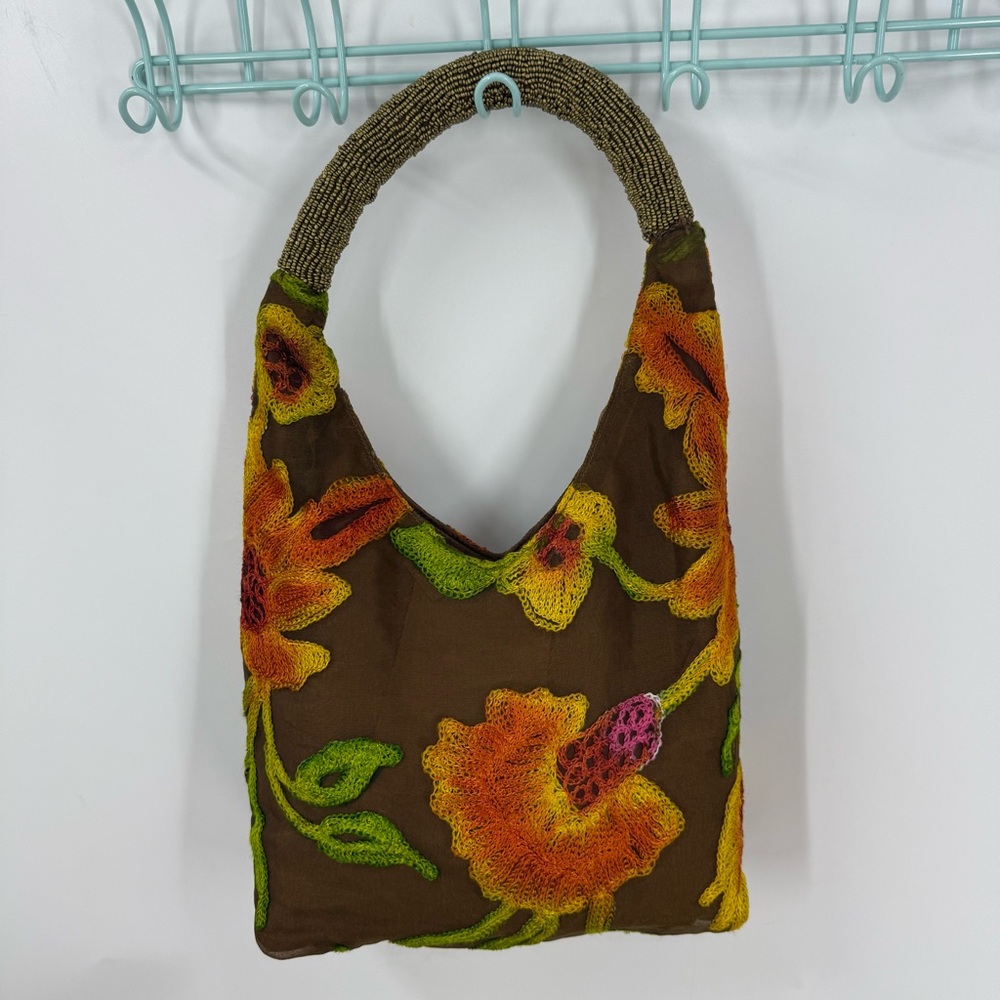 Sun & Sand silk shoulder bag hobo bag vibrant floral embroidery W/beaded handle
